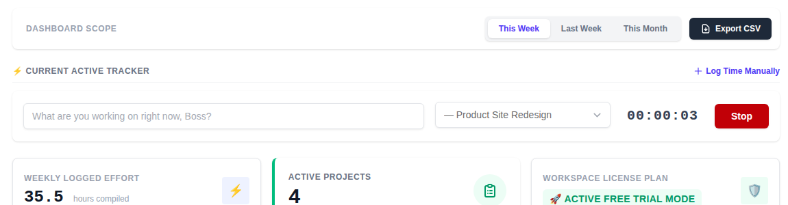 Timer running on a project, showing the elapsed time and a Stop button