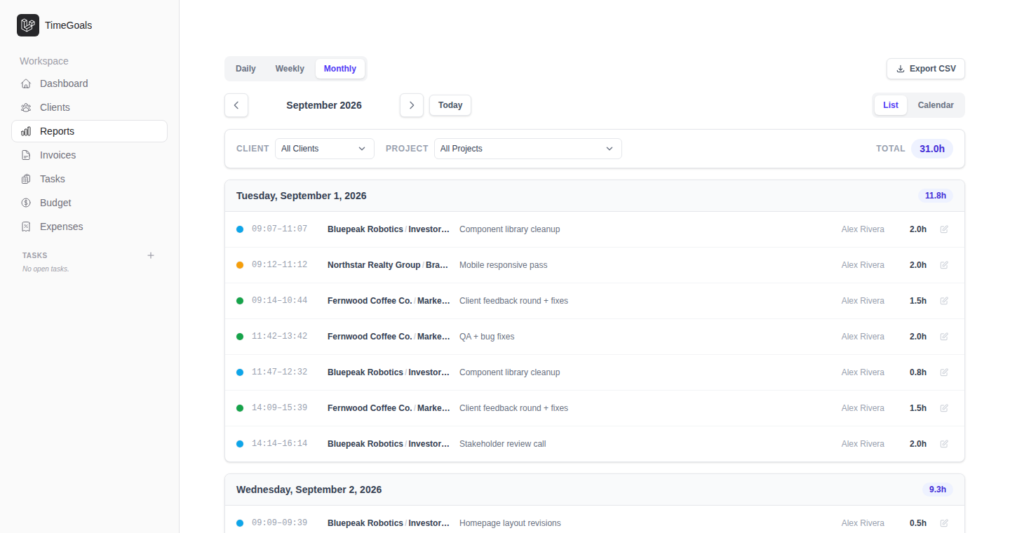 Monthly report filtered by client and project, listing every tracked time entry with its duration